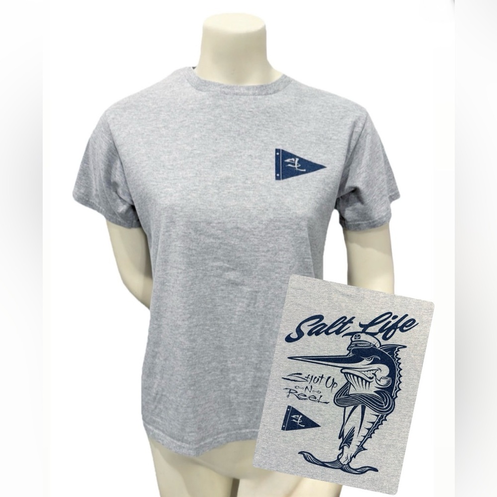 Salt Life Graphic Tee Gray Marlin “Shut Up and Reel” T-Shirt Women’s Small